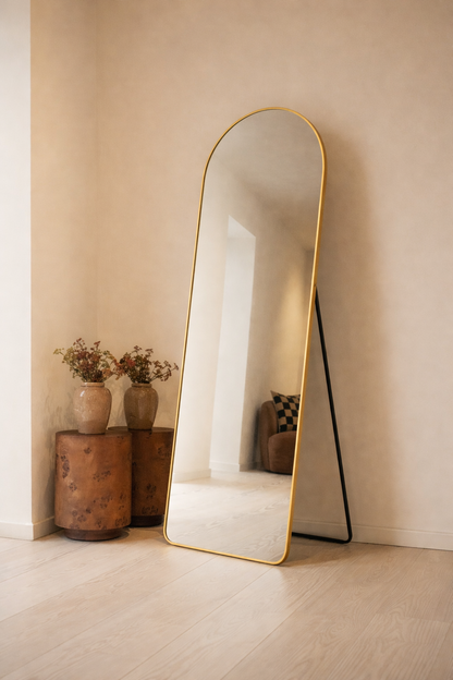 Haus Pinterest – Ganzkörperspiegel mit gebogenem Design und goldenem Metallständer (170 cm x 70 cm | 9 kg)