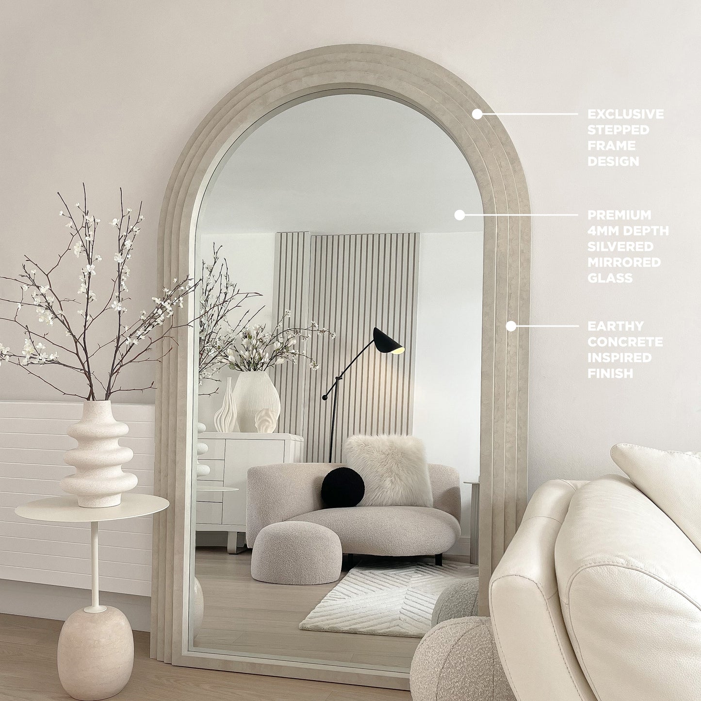 Haus Luciana – Ganzkörperspiegel mit gewölbtem Design in Betonoptik (180 cm x 110 cm)